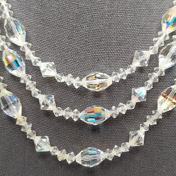 Vintage AB Crystal Bead Necklace, Three Strands, Wedding Necklace, 18" - Picture 3 of 11